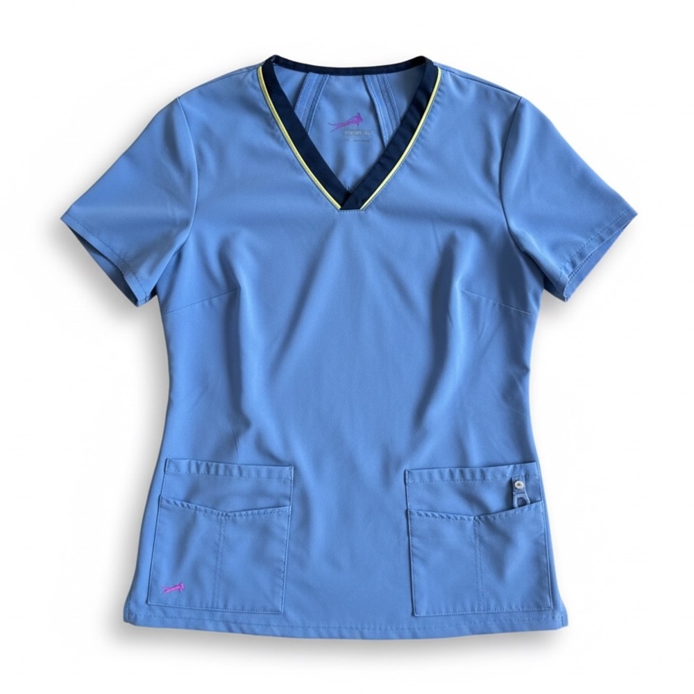 Lynx Stretch Medical Scrub Top Blue V-Neck Utility Pocket Nurse Small